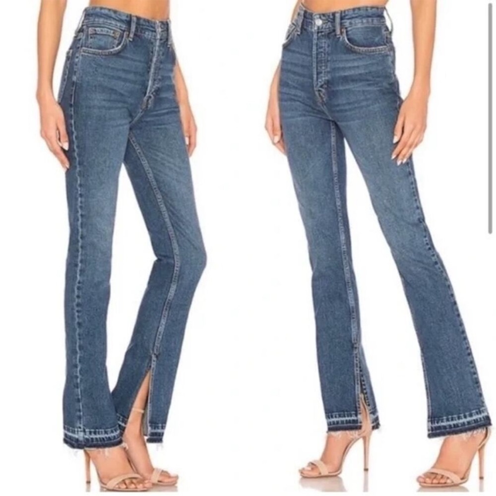 Free People • high rise button fly released raw hem slit emmy jeans sz 27
